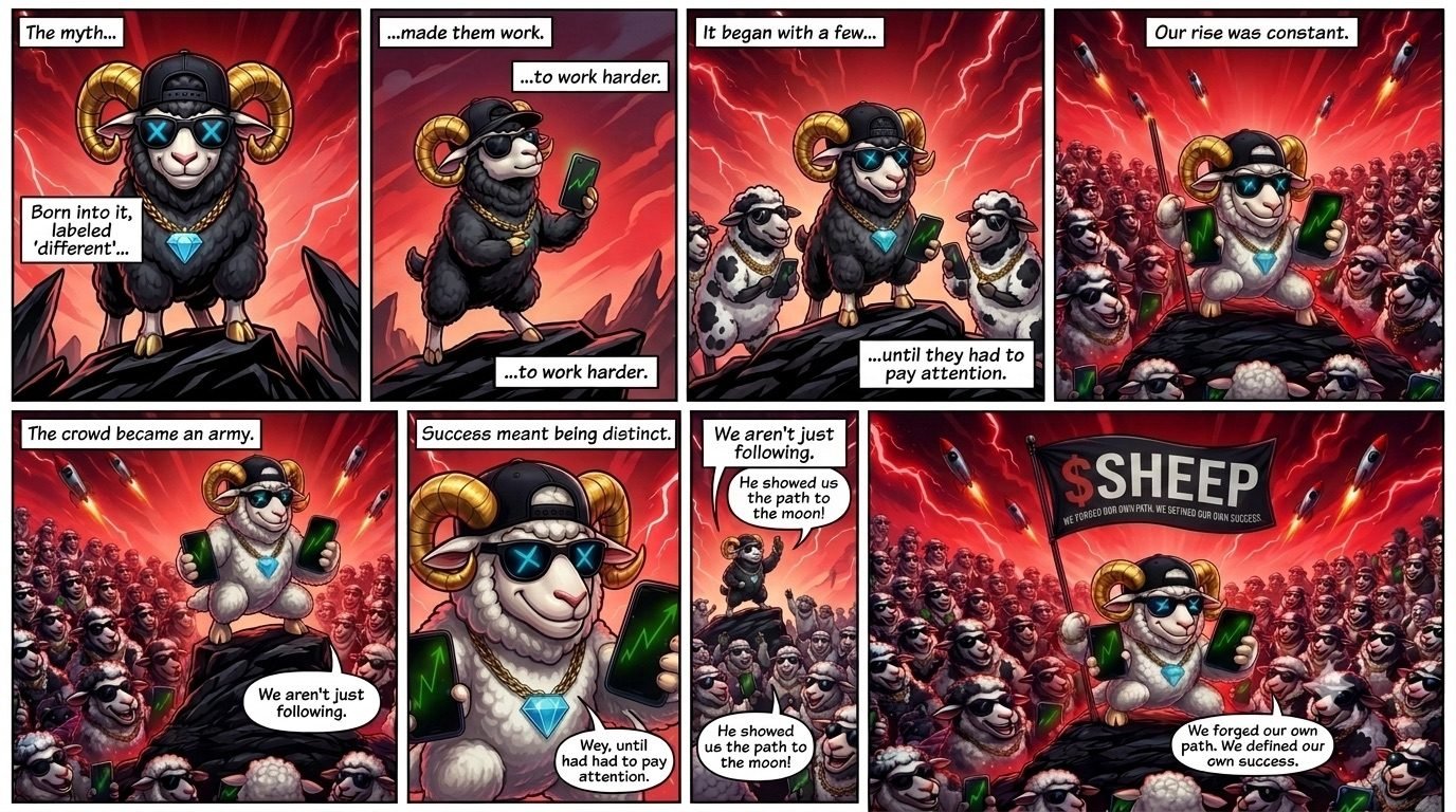 Comic strip: the myth of the Black Sheep, born different and labeled an outsider, rising until the Sheep herd had no choice but to follow.
