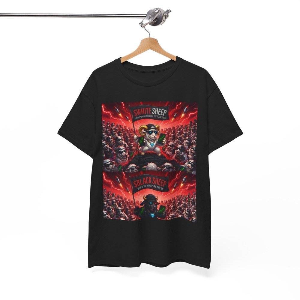 The VS tee — both sheep scenes merged on one black shirt, hanging